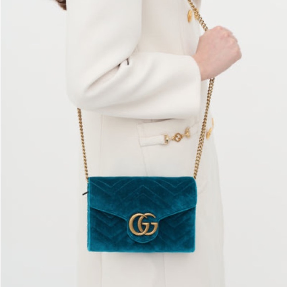Gucci Turquoise Velvet GG Marmont Wallet On Chain